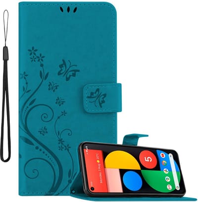 Cadorabo Hoesje geschikt voor Google PIXEL 5 in BLOEMEN BLAUW - Beschermhoes in bloemmotief met magnetische sluiting, standfunctie en kaartsleuven Book Case Cover Etui