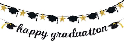 BTH - Geslaagd - Slinger - Versiering - Graduation - Vlag - Decoratie - Zwart - Goud - Happy Graduation - 200cm