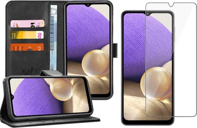 Hoesje geschikt voor Samsung A32 en Screenprotector Book Case Kunstleer Wallet Zwart + Screen Protector Glas