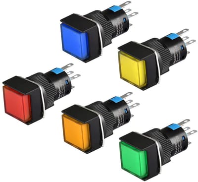 5 Stuks 16 mm Vierkante Drukknopschakelaars met LED-lamp in Rood, Blauw, Groen, Geel en Oranje