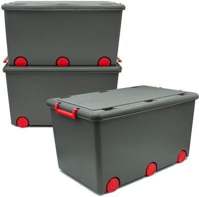 3 opbergdozen met deksel en wieltjes, 50 liter, stapelboxen met deksel, ondoorzichtig, plastic doos met deksel om te sluiten, opbergdozen met deksel