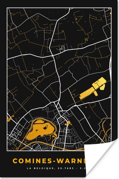 Poster Comines-Warneton - Plattegrond - Kaart - Goud - Stadskaart - 120x180 cm XXL