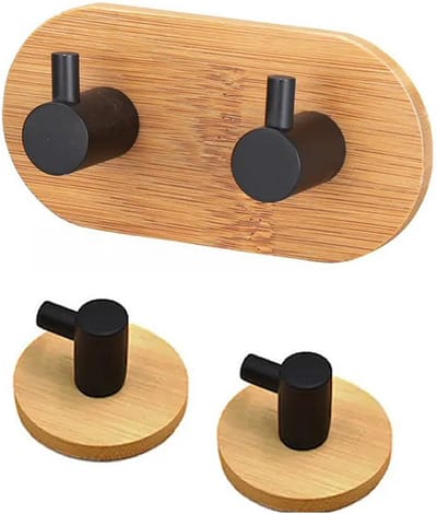 DWIH® - Zelfklevende Haakjes van Bamboe en zwart staal - Ophanghaken - Zelfklevend - Handdoekhaakjes - Badkamer - Set van 2 - Bamboo - Zwart Staal