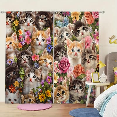 2 stuks Er Zijn Veel Kittens Bedrukt Gordijn voor Huisdecoratie - Tunnelvoering Raambekleding voor Slaapkamer, Kantoor, Keuken 52.5cmX116cm X 2pcs black
