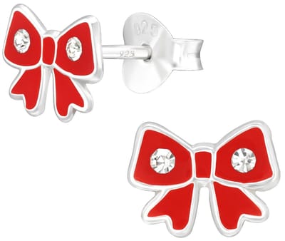 Joy|S - Zilveren kerst strik oorbellen - rood - 8 x 6 mm - kristal - kinderoorbellen