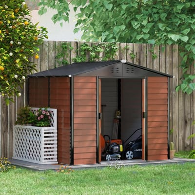 Wishdor - Berging - Metalen tuinberging met dubbeldeur en ventilatie - Schuur in teaklook - Voor tuin en terras - Verzinkt staal - 240 x 206 x 198 cm