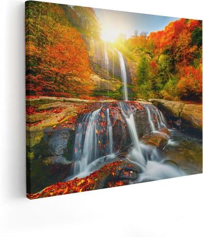 Artaza Canvas Schilderij Herfst Bos - 50x40 cm - Wanddecoratie Waterval - Muurdecoratie Zonsondergang - Kamer Accessoires Natuur