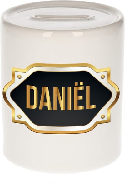 Spaarpot met voornaam Daniel - wit - met goud/zwart embleem - 8 x 9 cm - keramiek - met afsluitdop - cadeau verjaardag