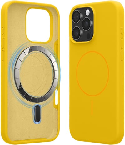 kwmobile Telefoonhoesje voor Apple iPhone 16 Pro Max - Hoes met siliconen randen en magnetische achterkant compatibel met MagSafe, in stralend geel