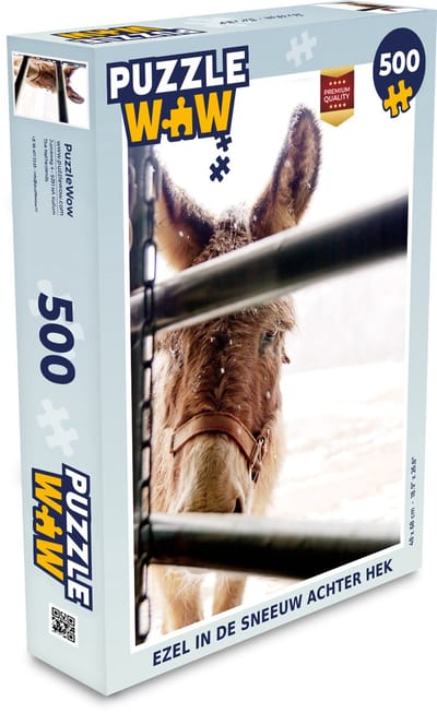 Puzzel Ezel in de sneeuw achter hek - Legpuzzel - Puzzel 500 stukjes