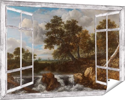 Gards Tuinposter Doorkijk Landschap met Waterval - Jacob van Ruisdael - 150x100 cm - Tuindoek - Tuindecoratie - Wanddecoratie buiten - Tuinschilderij
