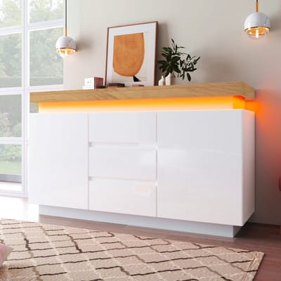 Pugsdrly Commode, hoogglans dressoir met 2 deuren en 3 lades, ledverlichting (app-bediening), multifunctionele kast voor woonkamer en slaapkamer, 81 x 140 x 39 cm, wit