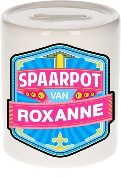 Bellatio Decorations Kinder spaarpot met naam - Roxanne - keramiek - met dop - wit - Sparen - Spaargeld van Roxanne