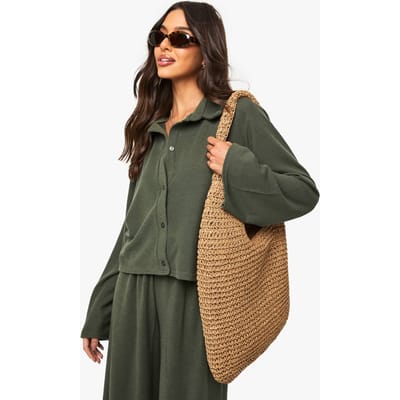 boohoo Dames Boxy shirt met gerimpelde rib en knoopdoorloop | Kaki | Maat: 42