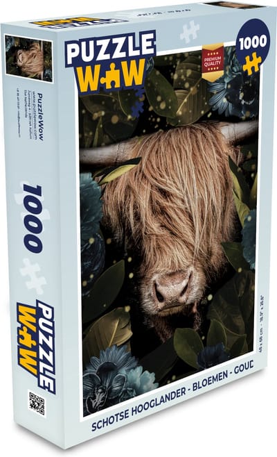 Puzzel Schotse Hooglander - Bloemen - Goud - Legpuzzel - Puzzel 1000 stukjes volwassenen