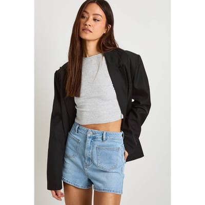 boohoo Dames Tall Denim Shorts Met Opvallend Voorvakdetail | Gebleekt Blauw | Maat: 34