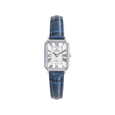 Certus-Dameshorloge-model 644561-rechthoekig- zilverkleurig-donkerblauw lederen band-Romeinse cijfers-afmeting 25 x 19 mm-5 atm waterdicht-zwemmen-sporten-diameter 32 mm-hoog draagcomfort