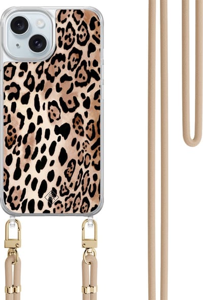 Casimoda® hoesje met beige koord - Geschikt voor iPhone 15 - Luipaard print bruin - Afneembaar koord - TPU/acryl - Bruin/beige