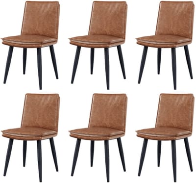 Set Van 6 Eetkamerstoelen 49×57×84cm Bruin PU Leer Comfortabele Dubbele Kussens Moderne Stoelen Voor Eetkamer Woonkamer Café