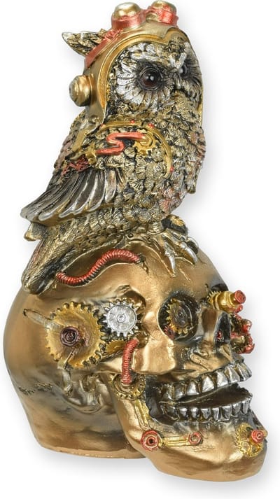 Polyresin steampunk schedel met uil – decoratieve steampunk figurine met tandwielen – unieke woondecoratie voor woonkamer of kantoor