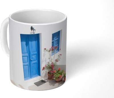 Mok - Koffiemok - Architectuur - Blauw - Wit - Deur - Mokken - 350 ML - Beker - Koffiemokken - Theemok