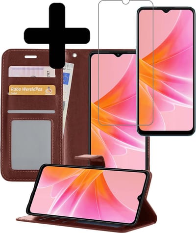 Hoesje - Met Screenprotector - Geschikt voor OPPO A17 - Luxe Pasjeshouder - Bookcase Portemonee - Flip Case - Kunstleer Book Case - Flipcase - Book Cover - Walletcase - Portemonneehoes - Telefoonhoesjes - Bruin