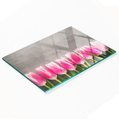 Decoratieve glazen snijplank met roze tulpenmotief, 80x52 cm