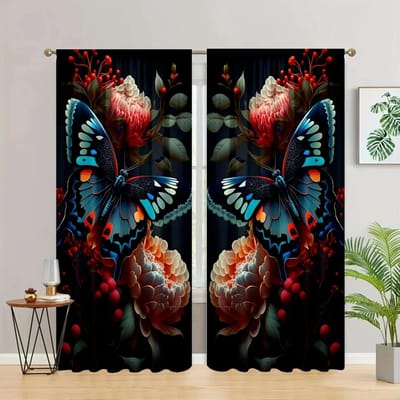 2 stuks Modieus Romantisch Vlinders Patroon Gordijn, Gordijnroedezak Venstergordijnen Voor Woonkamer Slaapkamer Kamer Decor W50xH130(CM)x2pcs&Grommet Top