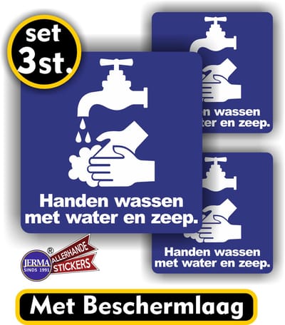 Jerma - Handen wassen - Stickers - Set 3 st - 2x 10x10 - 1x 15x15 cm -Krasbestendig - Zelfklevend
