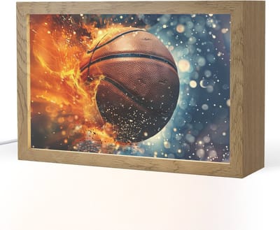 Nachtlampje 30x20 cm - Kinder lampje - Basketbal - Vuur - Sport - Blauw - Oranje - Tafellamp kinderkamer - Slaapkamer lamp - Bedlamp kinderen - Kinderlampje stopcontact - Wandlamp babykamer - Nachtlampjes