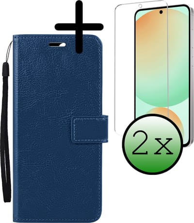 Hoesje Met 2x Screenprotector - Geschikt voor Samsung Galaxy S24 FE - Luxe Pasjeshouder - Bookcase Portemonee - Flip Case - Kunstleer Book Case - Flipcase Hoes - Book Cover - Walletcase - Portemonneehoes - Donkerblauw