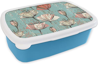 Broodtrommel Blauw - Lunchbox - Brooddoos - Vintage - Bloem - Flora - 18x12x6 cm - Kinderen - Jongen