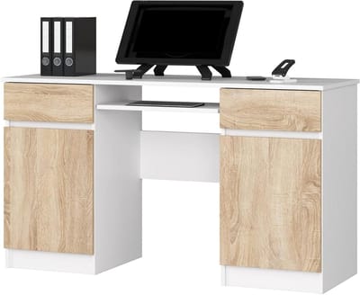 PC bureau - Computertafel Kantoortafel - Thuiswerken Organiseren - Veel beenruimte - 135 x 77 x 50 cm - Wit Sonoma-eiken
