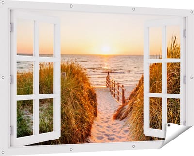 Gards Tuinposter Doorkijk Voetpad in de Duinen met Zonsondergang - 150x100 cm - Tuindoek - Tuindecoratie - Wanddecoratie buiten - Tuinschilderij