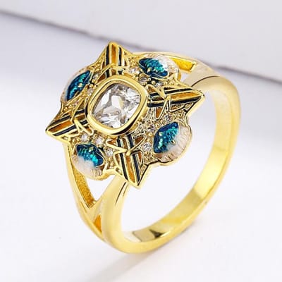 18k Gouden Ringenset met Blauwe Edelsteen Handgemaakt Emaille Feest Bruiloft Retro Accessoires No. 10 beige