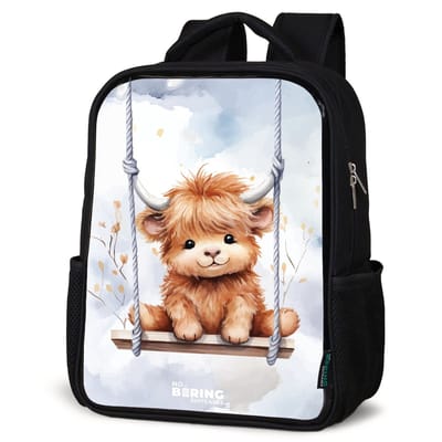 NoBoringSuitcases.com® - Rugzak zwart - Schooltas jongen & meisje - Schommelend Schotse hooglander kalf van waterverf - Rugtas voor school - Boekentas kind - Schoolrugzak - Kinderrugzak