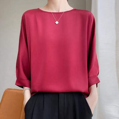 Zijden Sectie Ronde Hals Driekwart Mouw T-shirt voor Dames In Zomer Nieuw Modieus Los Veelzijdig Korte Mouw Comfortabele Top L pink