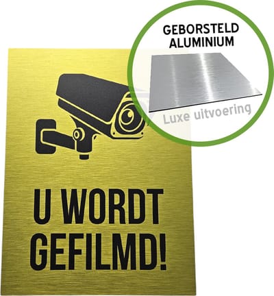Pictogram/ luxe bord | "U wordt gefilmd!" | 19 x 25 cm | Blinkend | Metaal | Geel | Geborsteld Dibond | 1 stuk