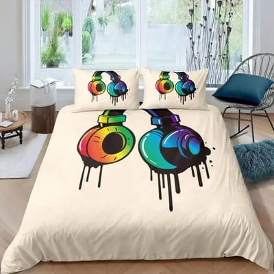 Dekbedovertrekset met print van koptelefoon, muzikaal geometrisch patroon, dekbedovertrek voor jongens, tieners, tweepersoons, queen, king, polyester dekbedovertrek AU Double 180x210cm