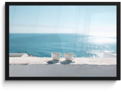 Poster in lijst - Fotolijst 60x40 cm - Posters - Zee - Koffiekopjes - Zomers - Posterlijst zwart - Decoratie - Wanddecoratie woonkamer - Muurdecoratie slaapkamer