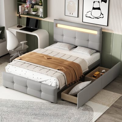 Zubaliya Polsterbed - 90x200 cm Grijs - LED-Verlichting - 2 Lades - Linnenstof