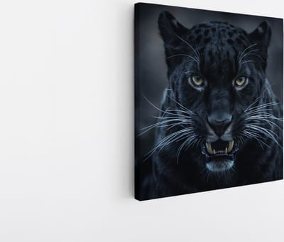 Saammp Canvas Schilderij - Zwarte Panter met zijn bek open - Natuur - Dieren - 20x20 - Foto op canvas - Wanddecoratie - Muurdecoratie Woonkamer - Slaapkamer decoratie - Canvas Print