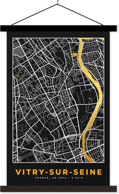 Posterhanger incl. Poster 40x60 cm - Schoolplaat - Stadskaart – Plattegrond – Vitry-sur-seine - Kaart - Frankrijk - Textielposter - Zwarte latten - Stadskaart