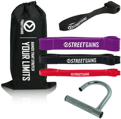 StreetGains® Resistance Bands Starter Pack – 3 Weerstandsbanden (Light, Medium, Strong) – Inclusief Handgreep, Deuranker en Opbergtas – Duurzaam Latex Rubber voor Krachttraining en Calisthenics
