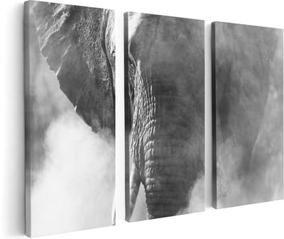 Artaza Canvas Schilderij Drieluik Olifantenkop - Olifant - Zwart Wit - 120x80 cm - Wanddecoratie Woonkamer - Schilderijen - Muurdecoratie