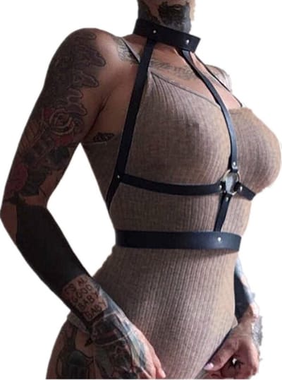 Nooitmeersaai - Harnas Vrouw - Leer - Met Halsband en Buikband - Zwart - BDSM - Bondage Harnas