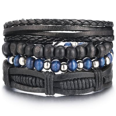 Armbanden set zwart leer en zilverkleurige kralen