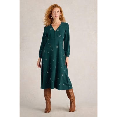 White Stuff Megan Embroidered Jersey Dress Teal Multi Maat: 10 REGULAR | Midi Jurken Outlet | Dames