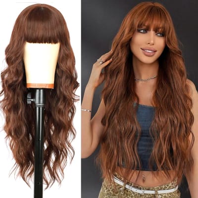 Natuurlijke Lange Krullende Peruk met Pony in Honingbruin voor Cosplay en Halloween, 71 cm Lang, Perfect voor Feestjes en Anime Look
