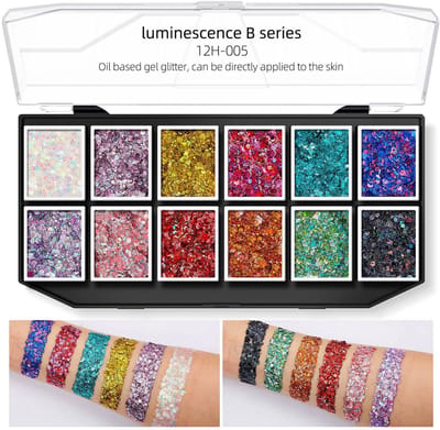 Suntac 12 Kleuren Glitter Schmink & Glittergel – Voor Gezicht en Lichaam – Oliebasis Palet voor Festival, Feest en Schmink